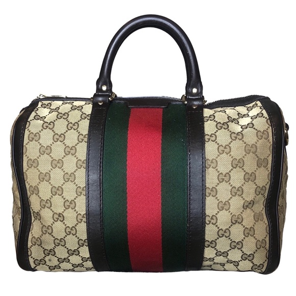 Gucci Handbags - GUCCI GG Beige and Brown Boston Duffel Bag with Red and Green Sherryline Stripes